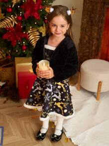 SHEIN 2pcs Girls Christmas Furry Black Deer Print Top & Overall Skirt Set, Autumn/Winter Child