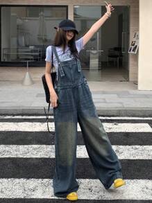 DAZY Women's Casual Washed Wide-Leg Denim Bib Overalls - Dark Wash - View 4