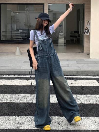 DAZY 여성용 캐주얼 워싱 와이드 레그 데님 비브 오버롤