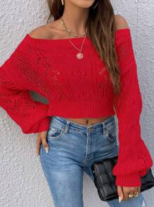 Chiquease 一件休闲纯色露肩镂空短款针织衫，春秋季新年针织套头衫秋冬款 - 紅色 - 查看 5