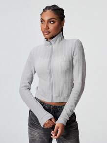 Flirla 1pc Women Grey Casual Minimalist Knitted Textured Mock Neck Long Sleeve Slim Fit Sweatshirt For Autumn/Winter