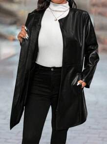 SHEIN LUNE 大码纯色休闲夹克，秋冬季 - 黑色 - 查看 6