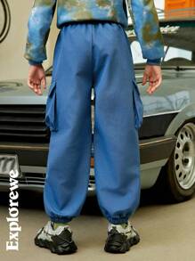 SHEIN Tween Boy Casual Letter Print Banded Leg Cargo Pants - Dusty Blue - View 2
