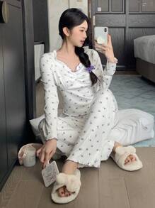 DAZY Bộ 2 món/Bộ đồ ngủ nhún bèo hoa nhỏ nhắn có viền lá rau diếp và quần dài, mùa thu - Màu tím hoa cà - Xem 1