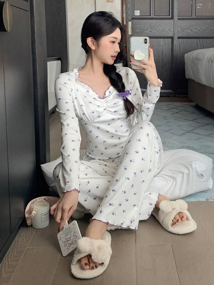 DAZY Bộ 2 món/Bộ đồ ngủ nhún bèo hoa nhỏ nhắn có viền lá rau diếp và quần dài, mùa thu - Màu tím hoa cà - Xem 1