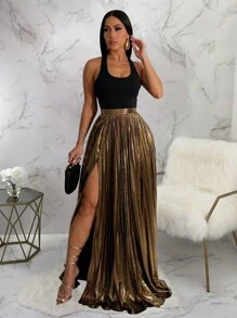 Falda larga metalizada con abertura alta para mujer, apta para usar en fiesta