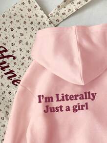 SHEIN Tween Girl 休闲长袖连帽字母印花运动衫，适合秋冬季 - 粉色 - 查看 3