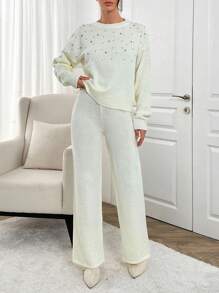 RueChic Elegant Crew Neck Drop Shoulder Rhinestone And Pearl Beaded Sweater & Wide Leg Plain Solid Sweater Pants 2 Piece Knit Set