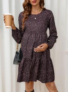 SHEIN Pregnancy Autumn Full Print Round Neck Lantern Sleeve Ruffle Hem Casual Maternity Dress - Multicolor - View 5