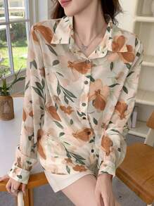DAZY 1 chiếc áo cánh dài tay bằng vải chiffon in hoa thanh lịch dành cho nữ - Màu Mù tạt vàng - Xem 5