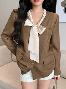 DAZY Women Single-Breasted Elegant Commuter Contrast Color Blazer Jacket, Autumn Business Attire