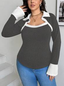 SHEIN Privé Damen Große Größen bequemes, lässiges, einfaches Poloshirt mit Kontrastbesatz am quadratischen Ausschnitt, figurbetontes T-Shirt - Dunkelgrau - Übersicht 5