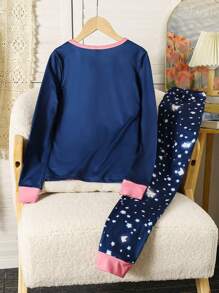 2pcs/Set Tween Girl Casual Blue & Pink Princess Graphic Print Long Sleeve Snug Fit Top And Pants Pajama Set