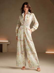 Anewsta Fashionable Floral Embroidery Women Long Sleeve Button-Down Shirt And Wide Leg Pants Elegant 2 Pieces Set
