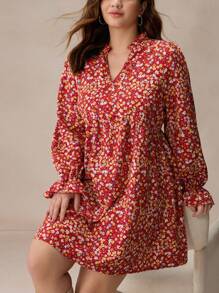 SHEIN Frenchy 大码女式 V 领碎花长袖办公室连衣裙，秋季 - 紅色 - 查看 3