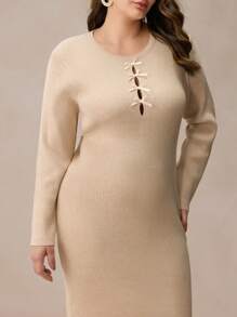 Elaquor Plus Size Casual Hollow-Out Bowknot Knitted Figure-Flattering Dress
