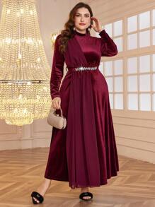 Modelyn 勃艮第红色加大码优雅天鹅绒和雪纺羽毛装饰长袖 A 字裙，常规款式，秋冬女士装长款晚礼服 - 酒紅色 - 查看 4