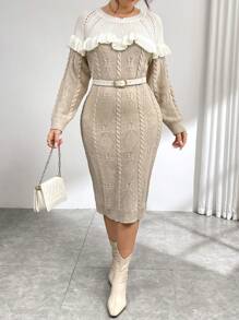 SHEIN Unity Plus Size Autumn/Winter Casual Color-Block Ruffle Hem Sweater Dress - Apricot - View 3