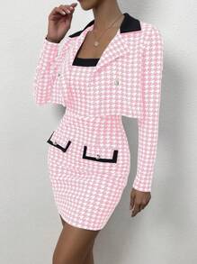 Chiquease 2 件套女士优雅千鸟格拼色无袖紧身连衣裙和翻领短款夹克，春秋