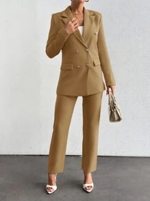 SHEIN Traje De Mujer Con Blazer De Doble Botonadura Y Pantalones De Nueve Puntos