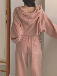 DAZY 2pcs Women Solid Color Drawstring Hoodie And Pants Casual Sports Suit