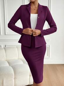 Lyxana 女士两件套服装：纯色翻领长袖夹克和铅笔中长裙，优雅的办公室服装 - 紫色 - 查看 3