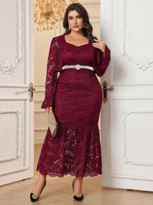 Modelyn 勃艮第红色 2 件加大码服装：长袖前开襟夹克和优雅修身连衣裙，散发精致气息 - 酒紅色 - 查看 1