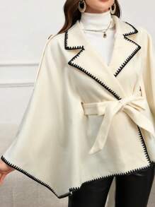Modelyn Women's Contrast Binding Lapel Collar Batwing Sleeve Self-Tie Belt Cape Overcoat