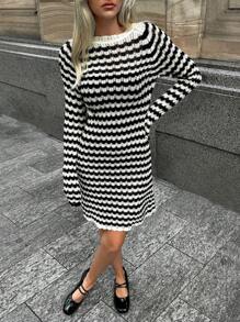 Forever 21 女士休闲条纹针织毛衣连衣裙春秋 - 黑色 - 查看 3