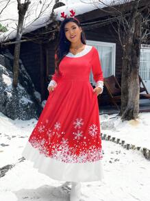 Celure Damen Große Größen Weihnachtskleid mit Schneeflocken Muster und Spitzenkontrast mit Tasche, elegantes Kleid