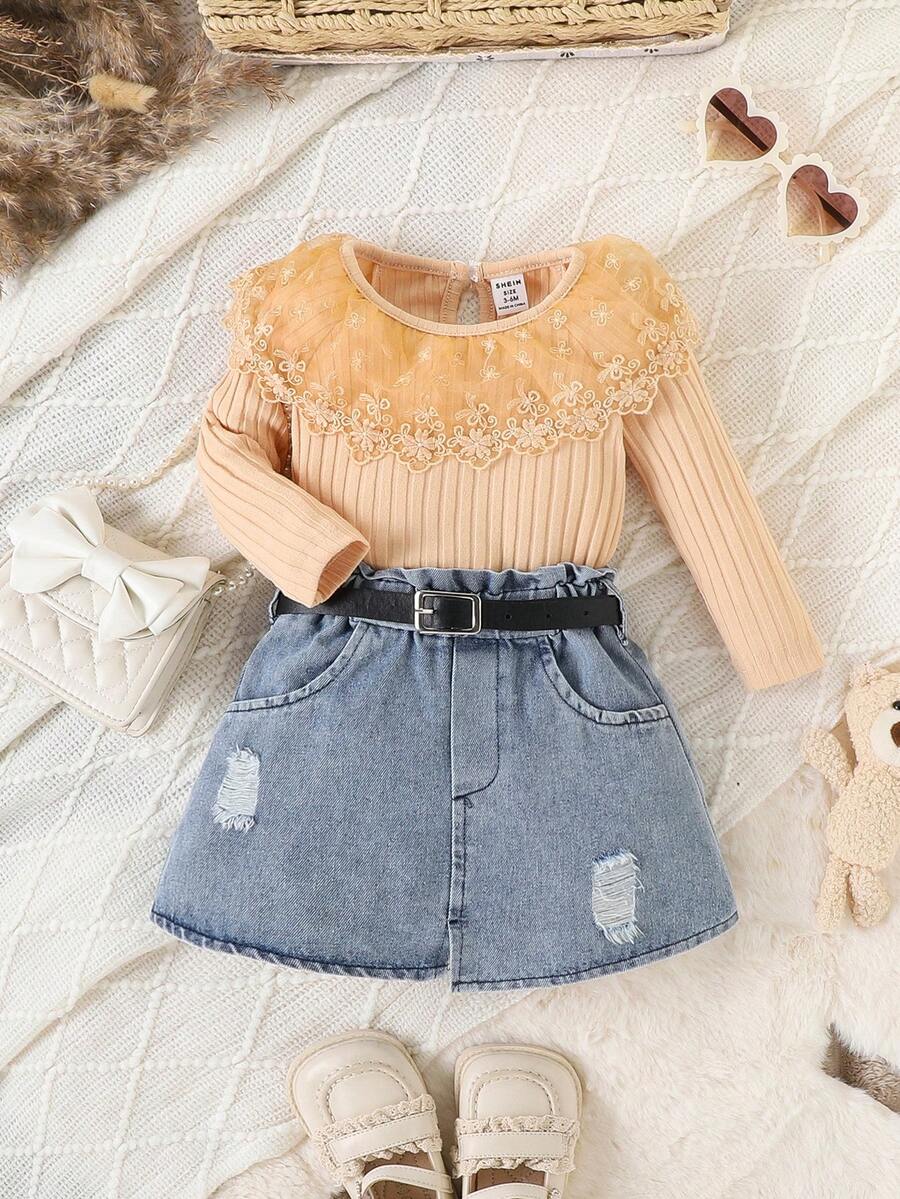 SHEIN 女婴优雅甜美网眼撞色长袖上衣和破洞牛仔裙 2 件套服装，春秋装