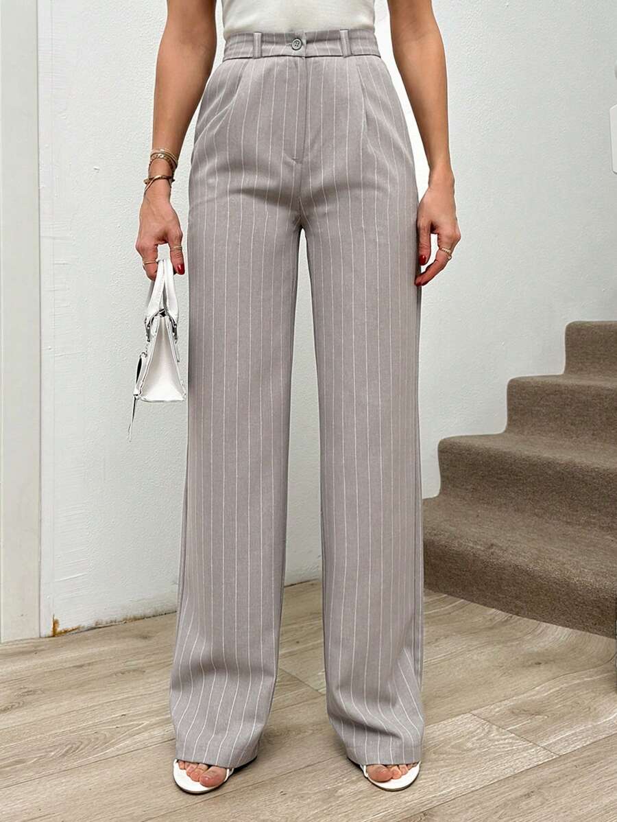 EURMUSE Vertical Stripe High Waist Wide Leg Suit Pants - Light Grey - View 1