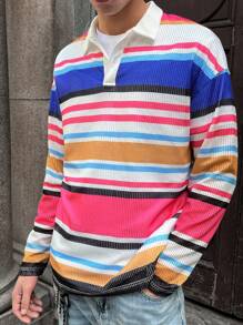 Mainfolk Men's Knitted Fashion Daily Casual Loose Fit Multi-Color Long Sleeve Polo Shirt - Multicolor - View 4