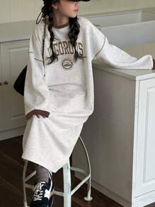 Dazy Kids 女童圆领针织保暖直筒连衣裙，秋季 - 灰色 - 查看 3