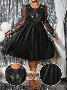 SHEIN Clasi 加大码亮片撞色网眼拼接优雅长袖连衣裙超长女装 - 黑色 - 查看 7