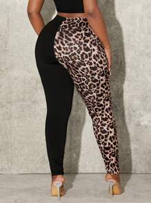 SHEIN SXY 大码女式豹纹拼色高腰紧身裤，适合约会之夜、生日、单身派对、休闲、购物、街头装、外出，易于搭配且看起来修身，凸显您的身材，凸显身材，适合夏季 - 黑色 - 查看 6
