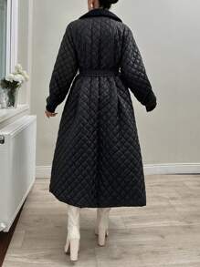 EURMUSE Commuter Style, Quilted Patchwork Rhombus Flared Thick Cotton Short Jacket With Belt Detail - Black - View 6