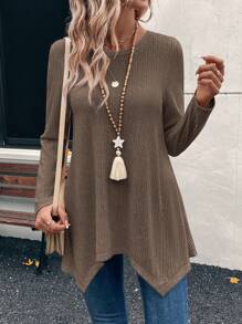 EMERY ROSE 极简主义纯色纹理不对称下摆 T 恤 - 咖啡棕 - 查看 7