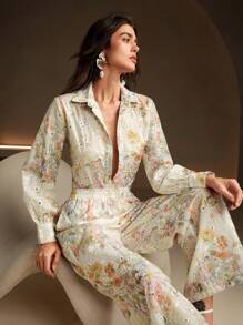 Anewsta Fashionable Floral Embroidery Women Long Sleeve Button-Down Shirt And Wide Leg Pants Elegant 2 Pieces Set