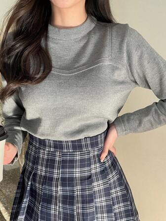 Maglione lavorato a maglia da donna con collo tondo, di un unico colido, in 2 in 1
