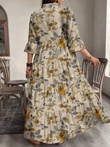 EMERY ROSE Casual Vintage Ditsy Floral V-Neck Ruched Long Sleeve Dress, Suitable For Autumn - Apricot - View 3