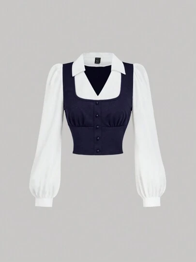 SHEIN MOD 翻领长袖双色胸前褶皱海军蓝和白色对比色衬衫