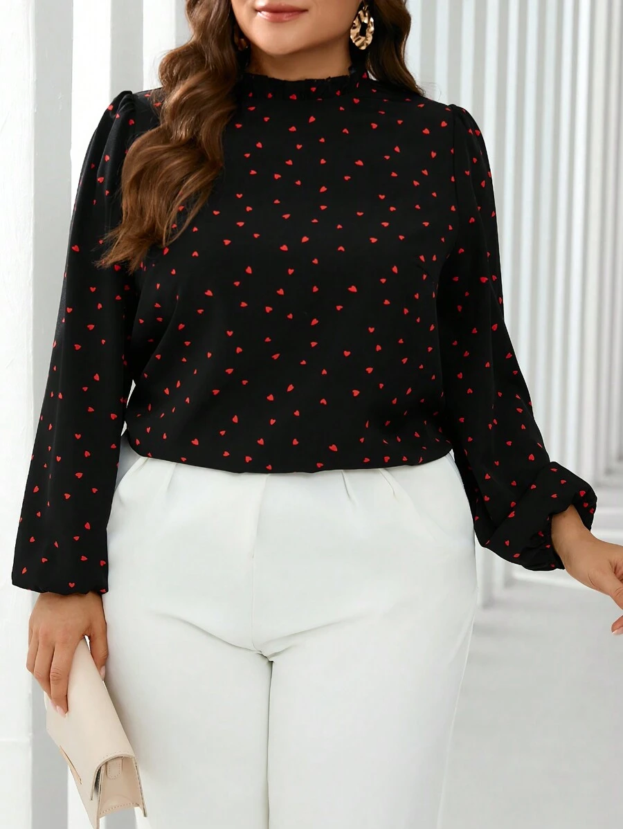 SHEIN Clasi Plus Size Women's Elegant Heart Embroidery Ruffle Collar Long Sleeve Shirt, Suitable For Christmas & Winter - Green - View 1