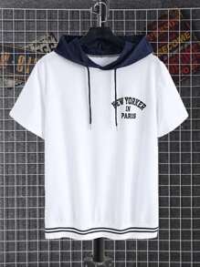 Manfinity Dauomo Men's Solid Color Patchwork Short Sleeve Letter Print Simple Hooded Casual T-Shirt