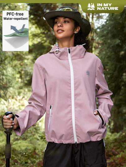 In My Nature Damen Kontrast-Farbe Stehkragen Zugbandkapuzen Outdoor Regenjacke
