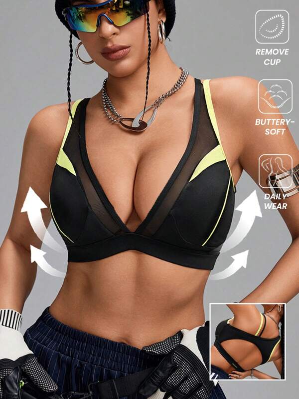 Innovista Sutien sport respirabil din plasă colorblock pentru femei, maiouri pentru antrenament, maiouri scobite, maiou și sutien pentru antrenament, maiou și sutien crop, maiouri și sutien pentru ieșiri, scoateți cupa, sutien push up, petrecere