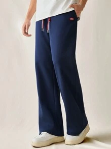 Men's Knit Casual Loose Elastic Waist Straight Leg Pants - Navy Blue - View 3