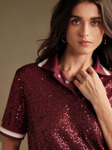 Anewsta Áo thun họa tiết thời trang tay ngắn màu khối cài nút phía trước cho nữ - Màu Đỏ Sâu - Xem 3