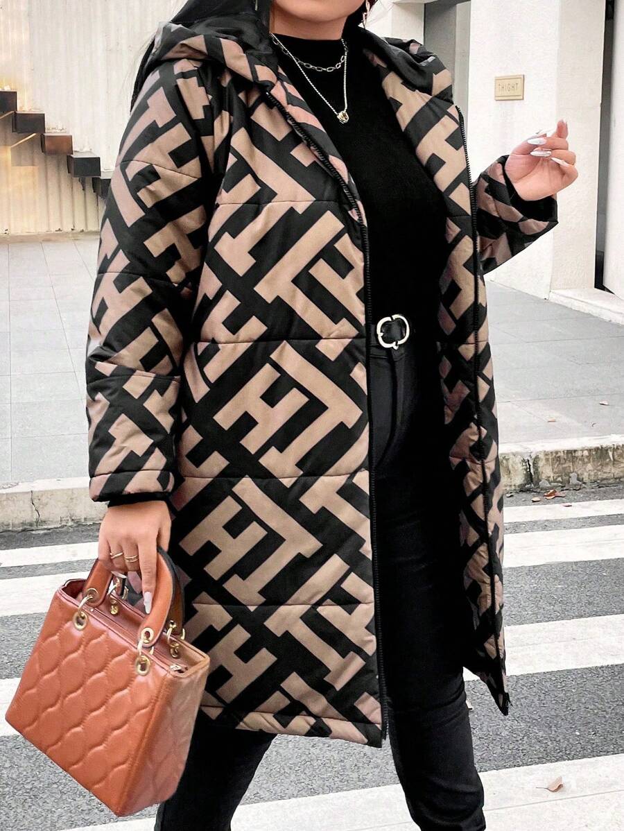 EMERY ROSE 大码女式几何印花拉链立领长袖连帽休闲棉服外套冬装