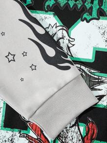 ROMWE MEN Street Life Set de 2 piezas de sudadera casual y pantalón de chándal con estampado de dibujos animados y letras, diseño de contraste de color, para otoño - Negro - Ver 4